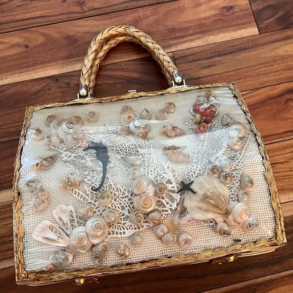 1950s 1960s Vintage Wicker Seashell Purse Handbag Woven Seahorse Starfish - Picture 4 of 14